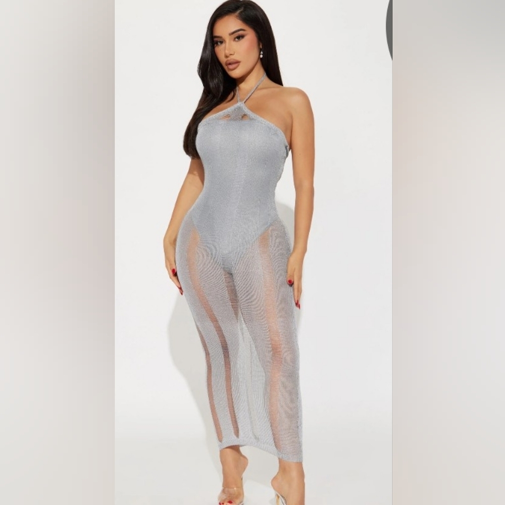 Silver Halter Neck Sheer Dress